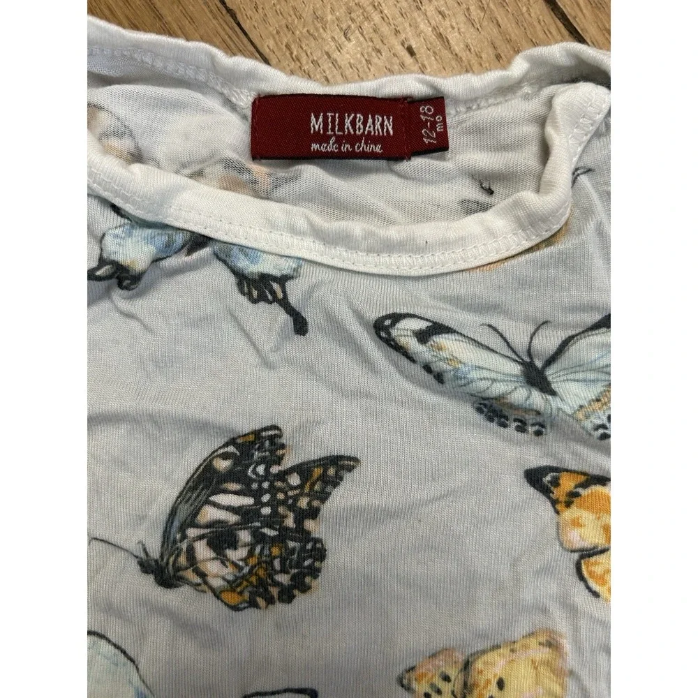 12-18M Milkbarn Blue Butterflies One Piece Top Snug Fit Buttery Soft Bamboo